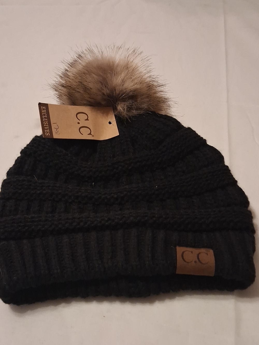C.C Black Knit Beanie with Faux Fur Pom